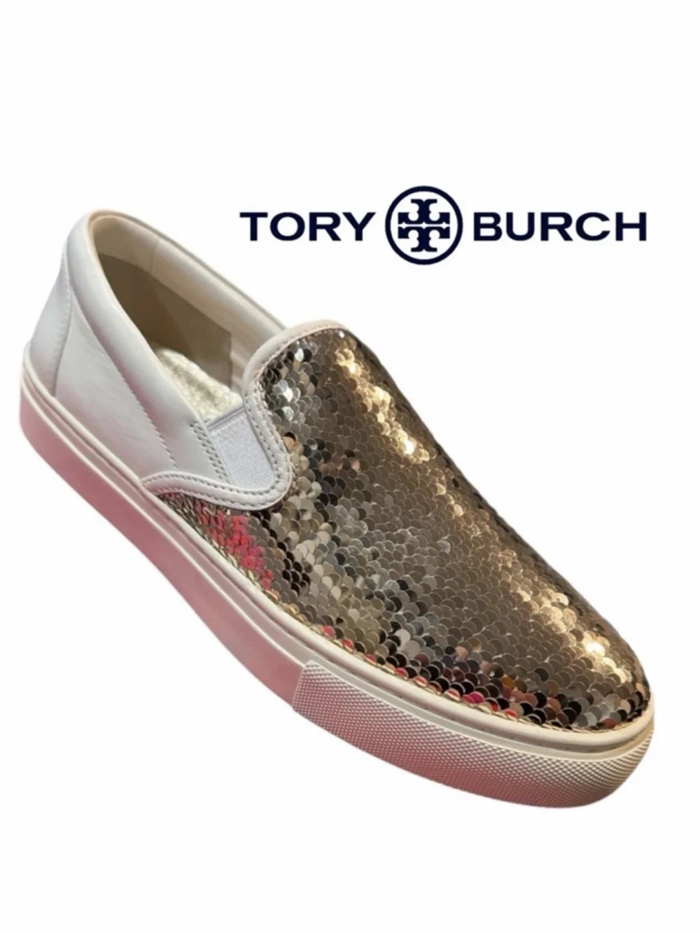 Tory‎ Burch Gold Sequin Women’s Slip-On  Reversible Sequin Sneakers - Size 8